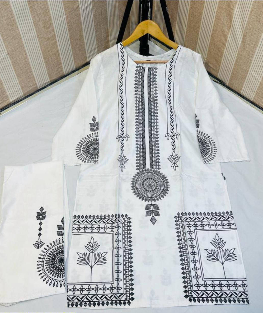 2 Pcs Women's Stitched Linen Block Printed Suit