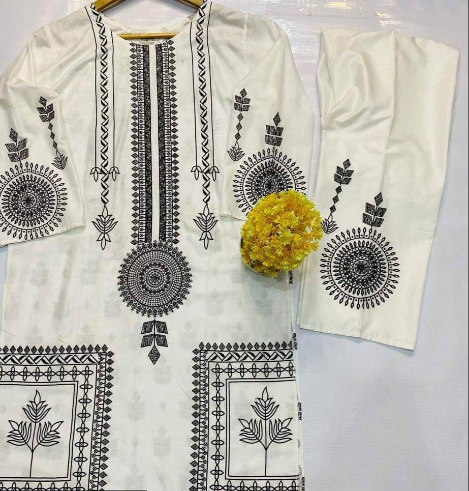2 Pcs Women's Stitched Linen Block Printed Suit