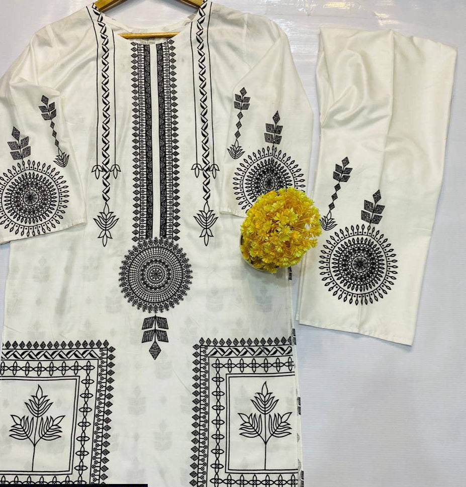 2 Pcs Women's Stitched Linen Block Printed Suit