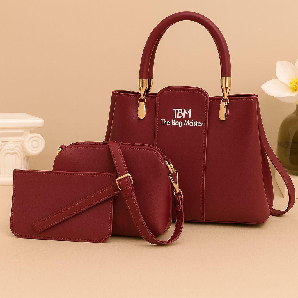 3 Pcs Girl’s Rexine Hand Bag Set – Stylish & Versatile Top Handle Bags in Multiple Colors