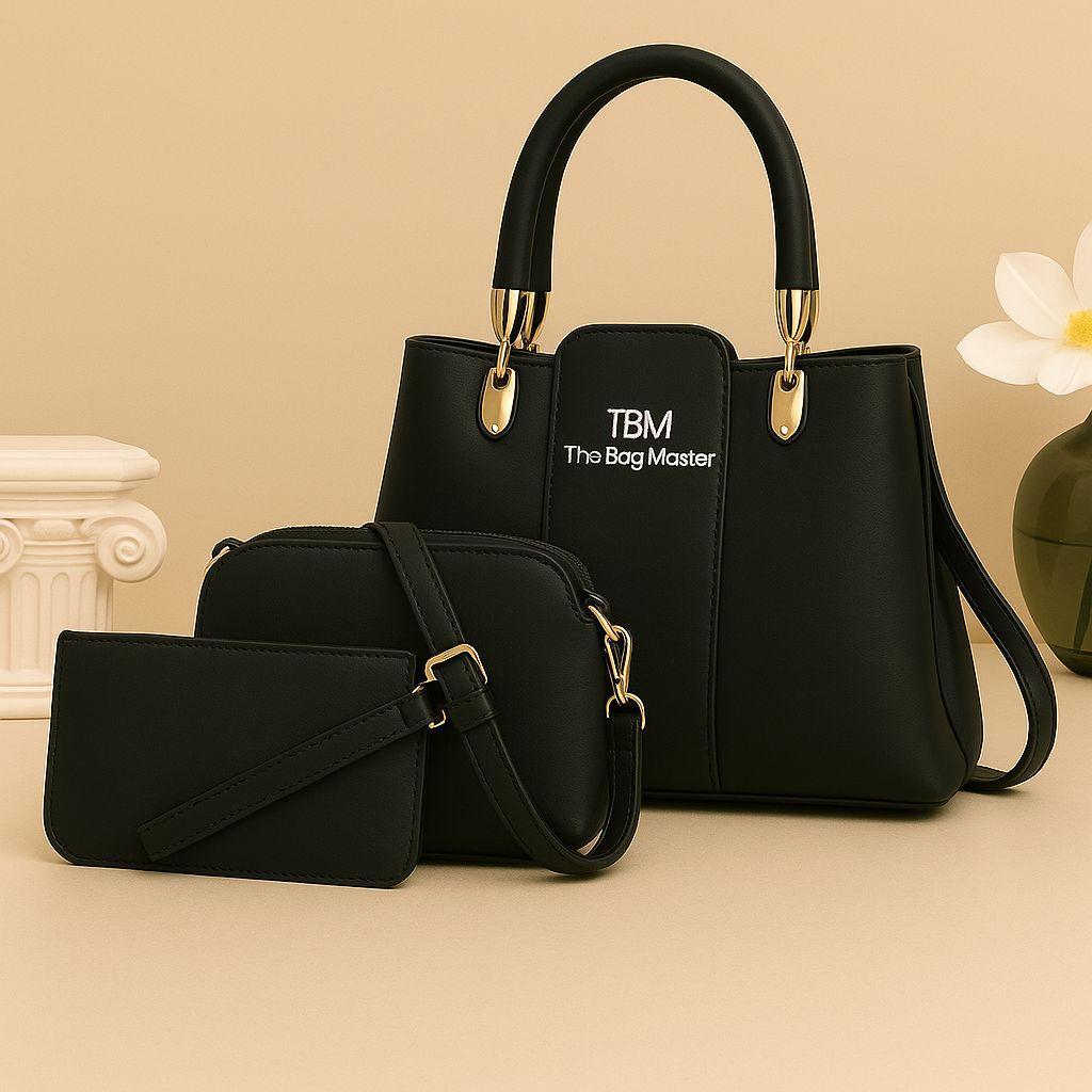 3 Pcs Girl’s Rexine Hand Bag Set – Stylish & Versatile Top Handle Bags in Multiple Colors