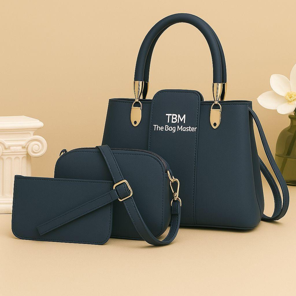 3 Pcs Girl’s Rexine Hand Bag Set – Stylish & Versatile Top Handle Bags in Multiple Colors