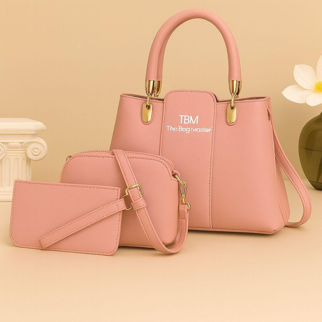 3 Pcs Girl’s Rexine Hand Bag Set – Stylish & Versatile Top Handle Bags in Multiple Colors