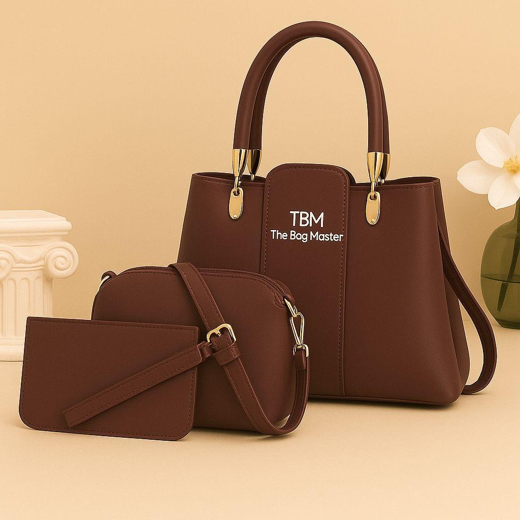 3 Pcs Girl’s Rexine Hand Bag Set – Stylish & Versatile Top Handle Bags in Multiple Colors