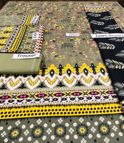 3 Pcs Women’s Unstitched Lawn Printed Suit – Summer Collection