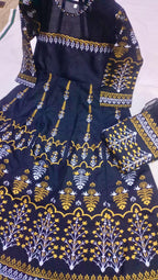 Elegant Teal Katan Silk Block Printed Maxi Suit – 3 Pcs Formal Wear Set