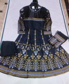 Elegant Teal Katan Silk Block Printed Maxi Suit – 3 Pcs Formal Wear Set