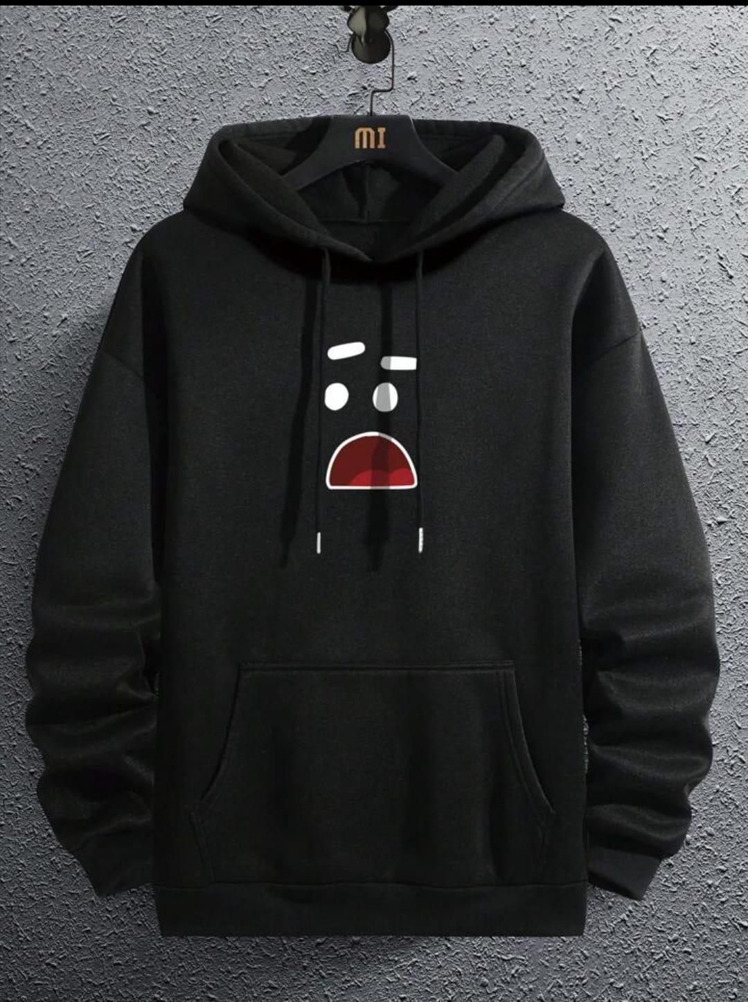Men’s Fleece Printed Hoodie – Black Hooded Sweatshirt for Winter Wear