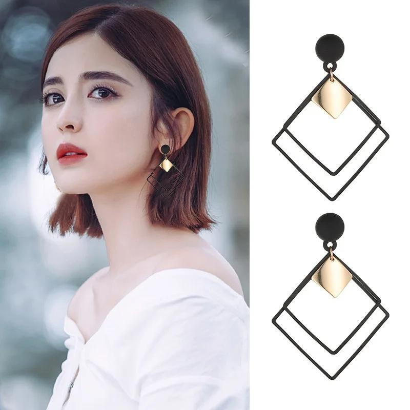 Stylish Square Design Earrings for Women – Black Alloy Jewellery (2 Pcs Set)