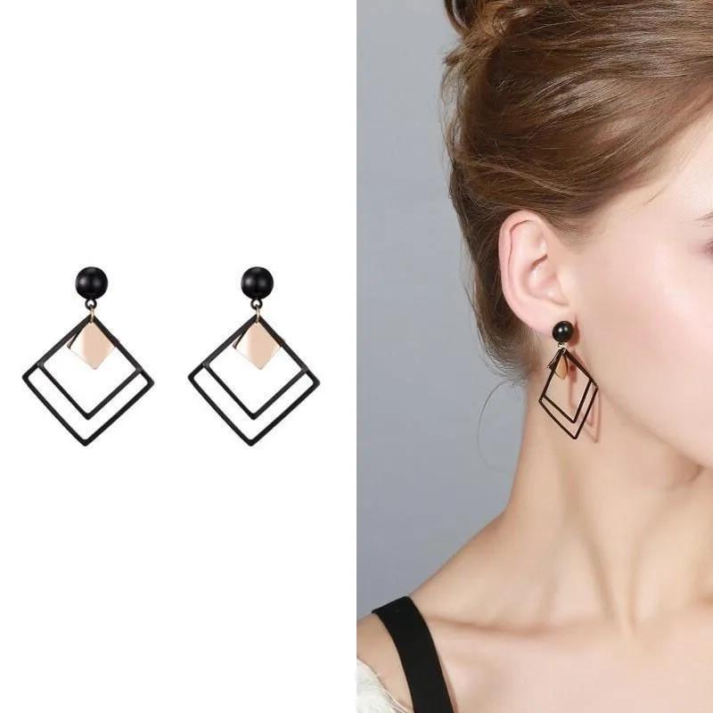 Stylish Square Design Earrings for Women – Black Alloy Jewellery (2 Pcs Set)